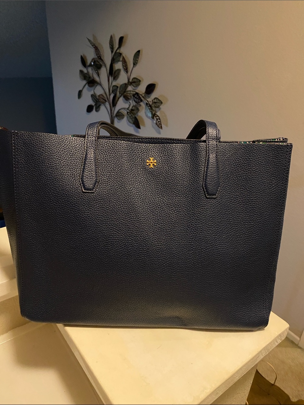 Tory Burch Navy Pebbled Leather Reversible Tote with Gold Logo